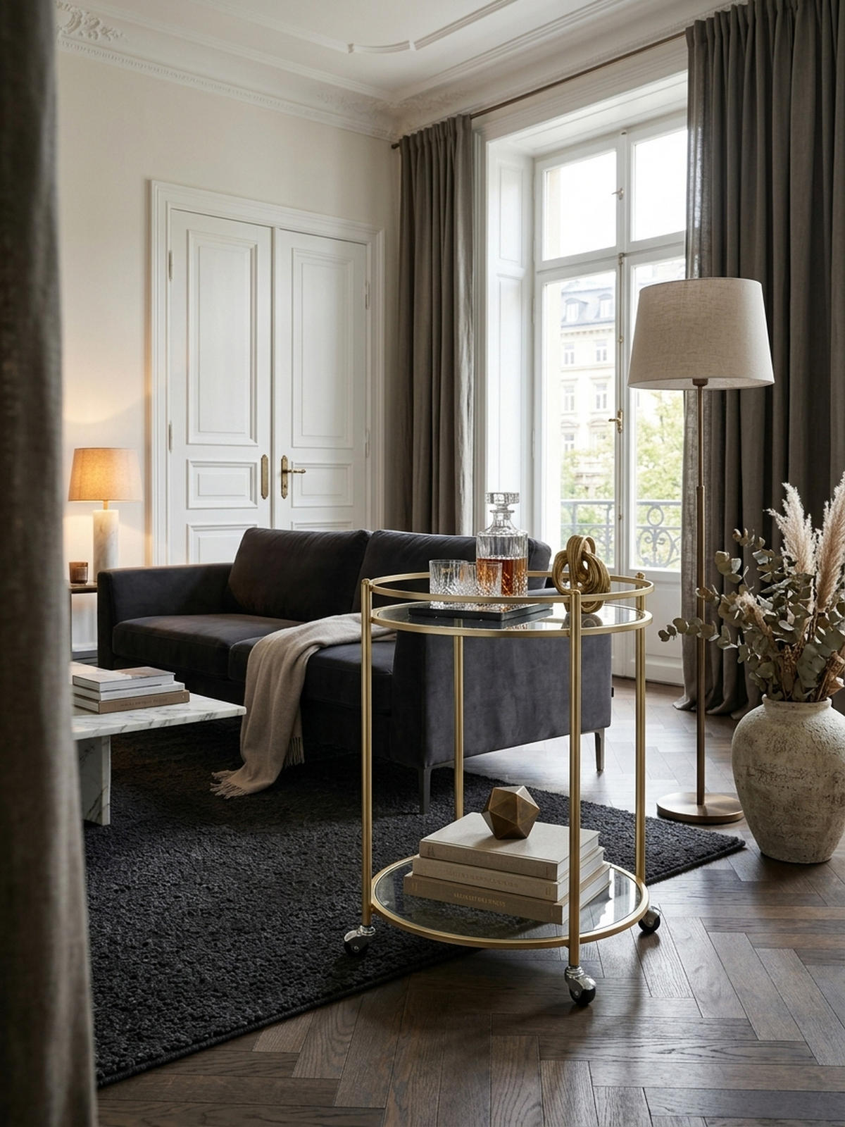 SERVIERWAGEN – Gold, Sicherheitsglas, auf Rollen - Goldfarben, Glas/Metall (57/75/57cm) - KADIMA DESIGN