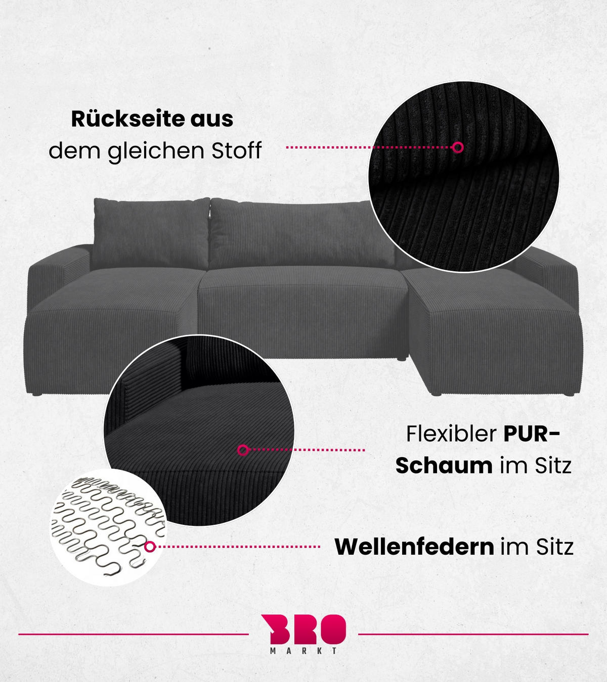 WOHNLANDSCHAFT Plush mit Schlaffunktion Schwarz Cord - Schwarz, Kunststoff/Textil (315/72/145cm) - Bromarkt