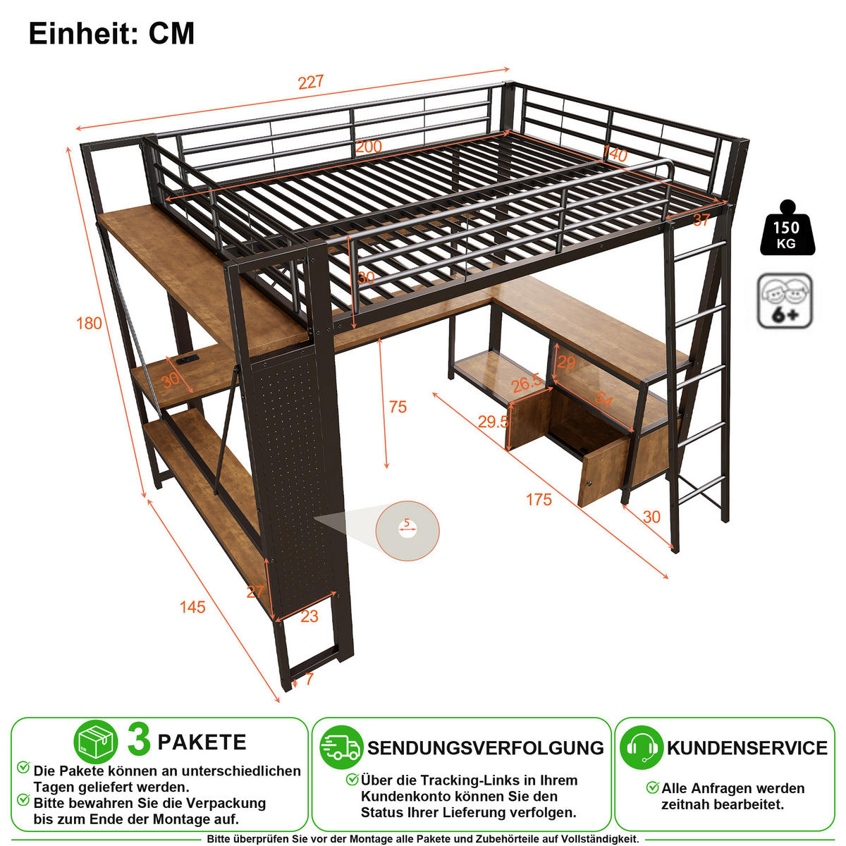 VYVÝŠENÁ POSTEL 140/200 cm v černé barvě s LED, psacím stolem a USB - černá, kov/kompozitní dřevo (140/200cm) - CHICFURN
