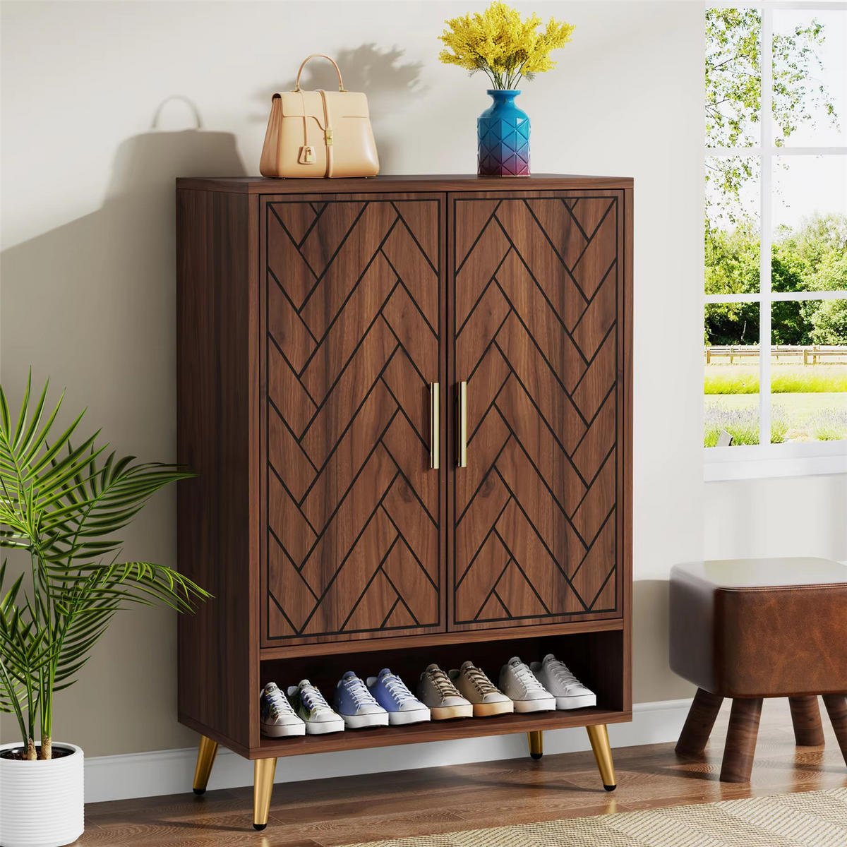 SCHUHSCHRANK Walnuss 6 Ebenen mit Türen - Braun, Holz (75/110/35cm) - Kaket