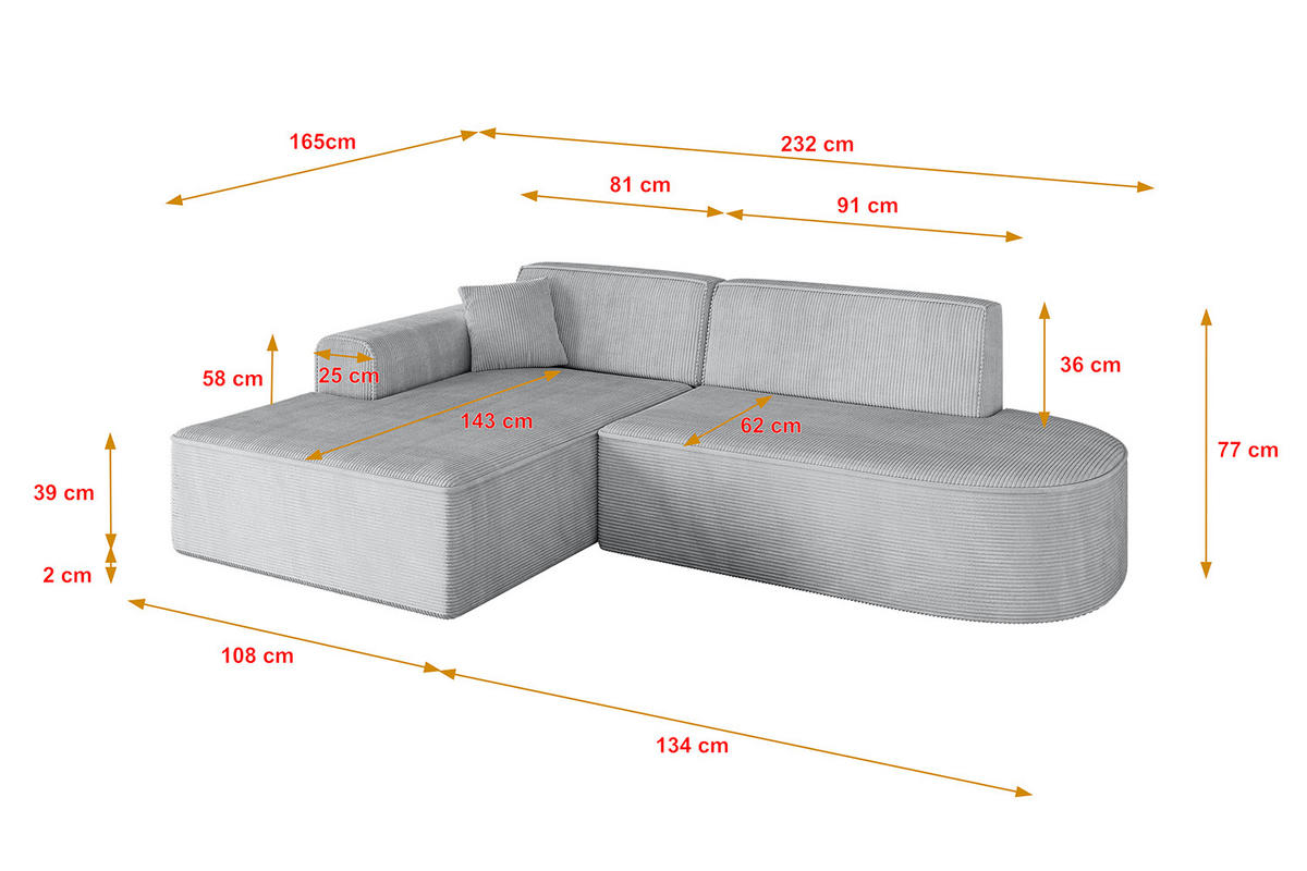 ECKSOFA Ottomane Links IREA-L1-v3 - 232x165x77 cm Grau - Grau, Holzwerkstoff/Textil (232/165cm) - ALTDECOR