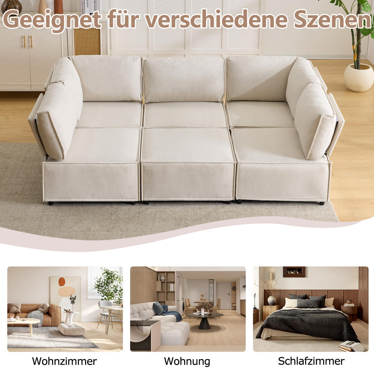 WOHNLANDSCHAFT Leinen Beige Frei kombinierbar - Beige, Holzwerkstoff/Textil (308/77/152cm) - WISHDOR