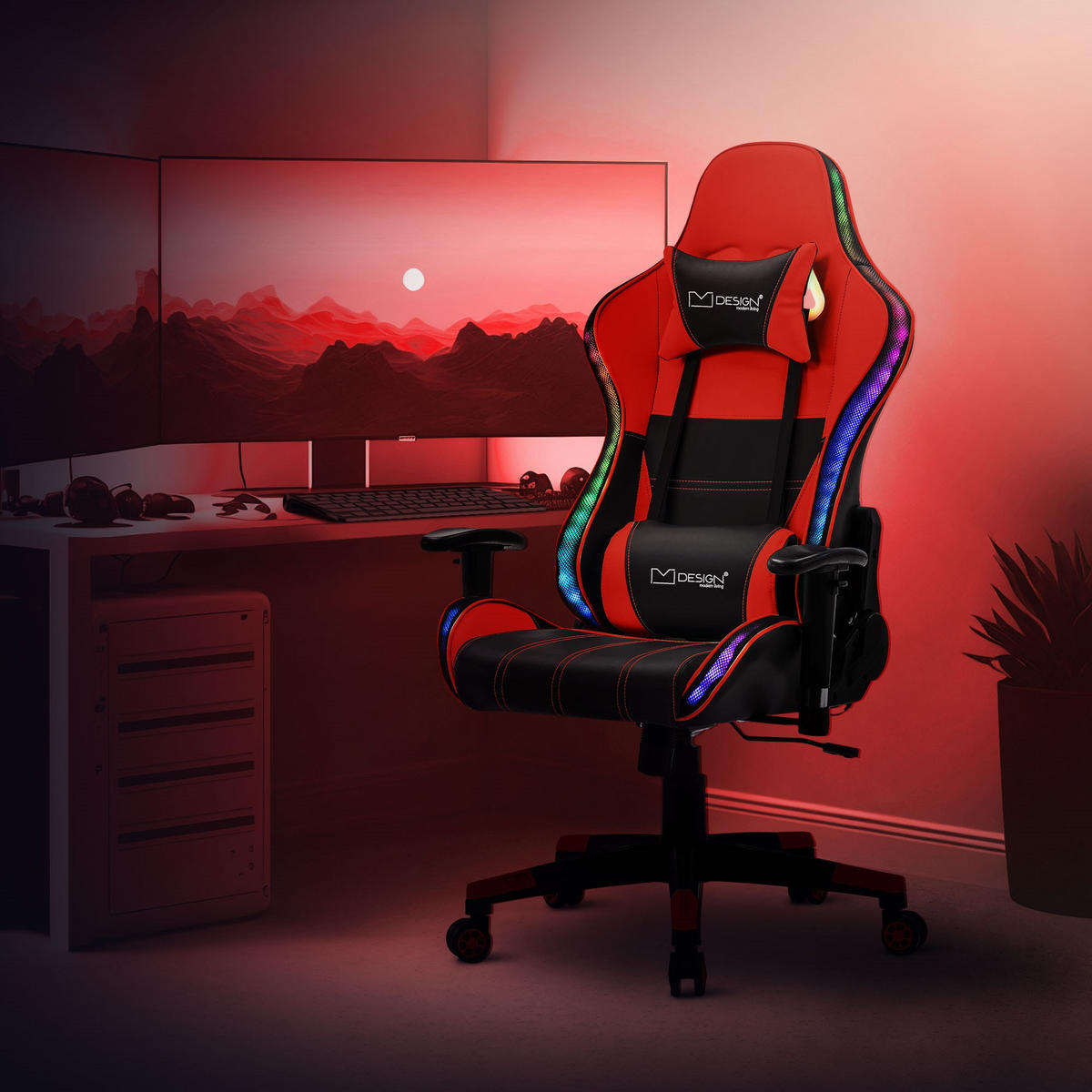 GAMINGSTUHL mit RGB Licht und Lautsprecher, Rot, aus Kunstleder - Rot/Schwarz, Kunststoff/Metall (72/133/72cm) - ML-DESIGN