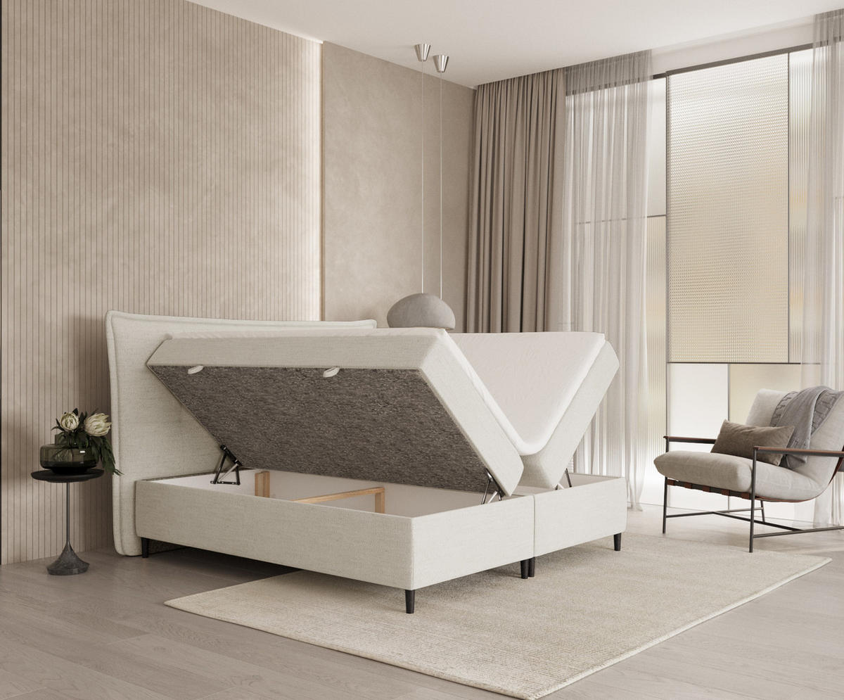 BOXBETT Sinai Creme 200/200 cm mit Taschenmatratze und Topper - Creme/Schwarz, Holz/Holzwerkstoff (200/200cm) - Maison de Reve