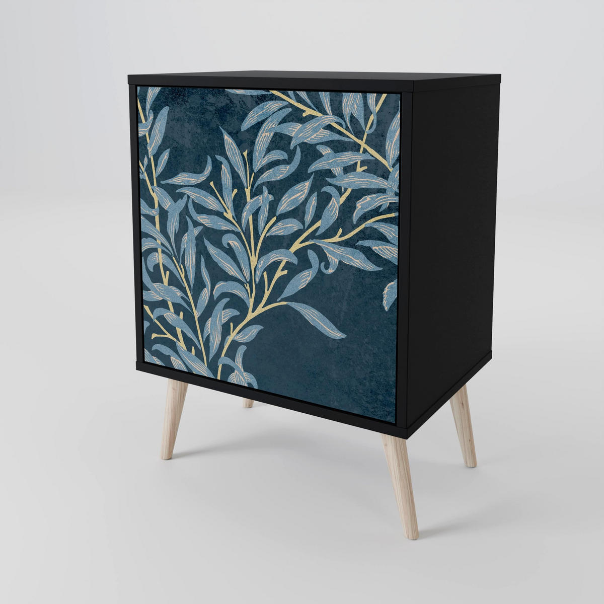 SIDEBOARD BLUE LEAVES, Schwarz, 57,5x42x67,5 cm, Schwarze Metall-Rahmenfüße - Multicolor/Schwarz, Holzwerkstoff/Metall (57.5/67.5/42cm) - SpaceRebels
