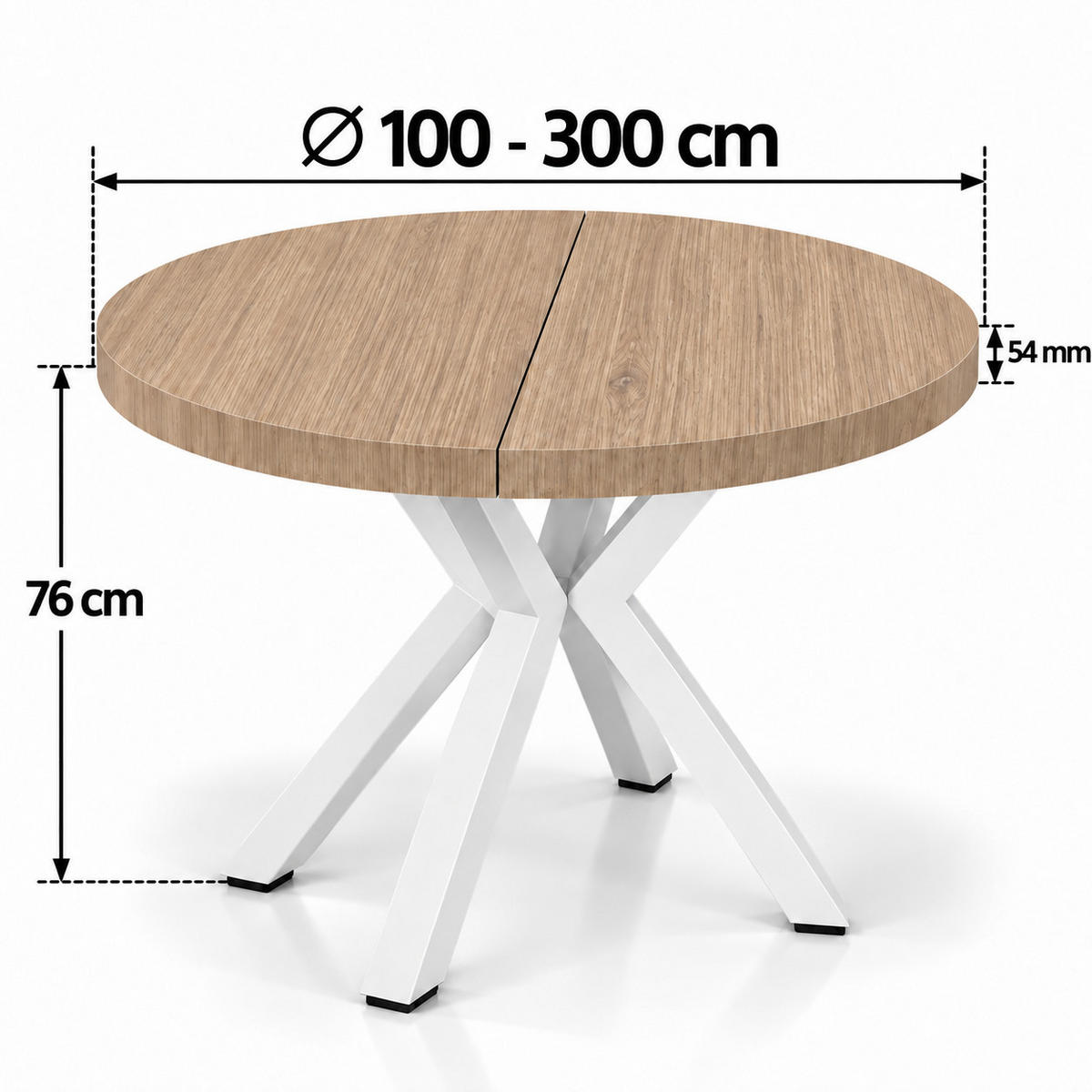ESSTISCH rund ausziehbar 100-300/100/76 cm, Hellbraun Hikora Egger Natur, 54 cm Tischplatte + X Metallbeine Weiß - Hellbraun/Weiß, Holzwerkstoff/Metall (100/100/76cm) - Damale Möbel