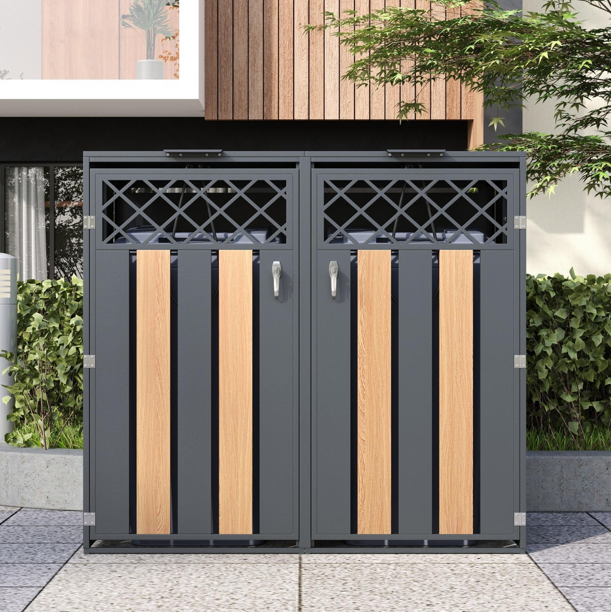 MÜLLTONNENBOX aus Stahl in Grau Holzoptik mit Klappdeckel 132x80x118,5 cm - Grau, Metall (132/118.5/80cm) - Modfu