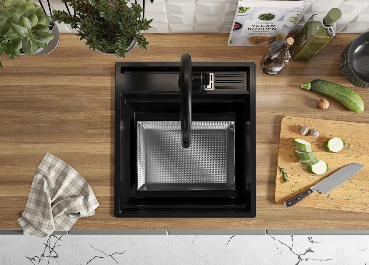 SPÜLBECKEN Oslo Pocket, 2-er set Alles Schwarz 48/53 cm 1 Becken + Ablauf-Set + Küchenzubehörset ab 50er Unterschrank - Schwarz, Kunststoff (48/20/53cm) - Primagran