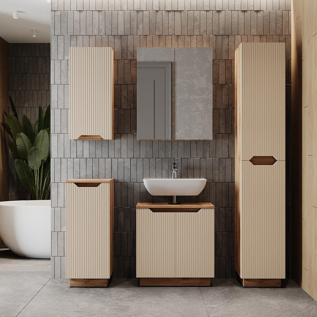 BADMÖBEL-SET Lotta Eiche/Kaschmir gestreift 4 Teile - Kaschmir, Holzwerkstoff (59.8/62.1/32cm) - Vicco