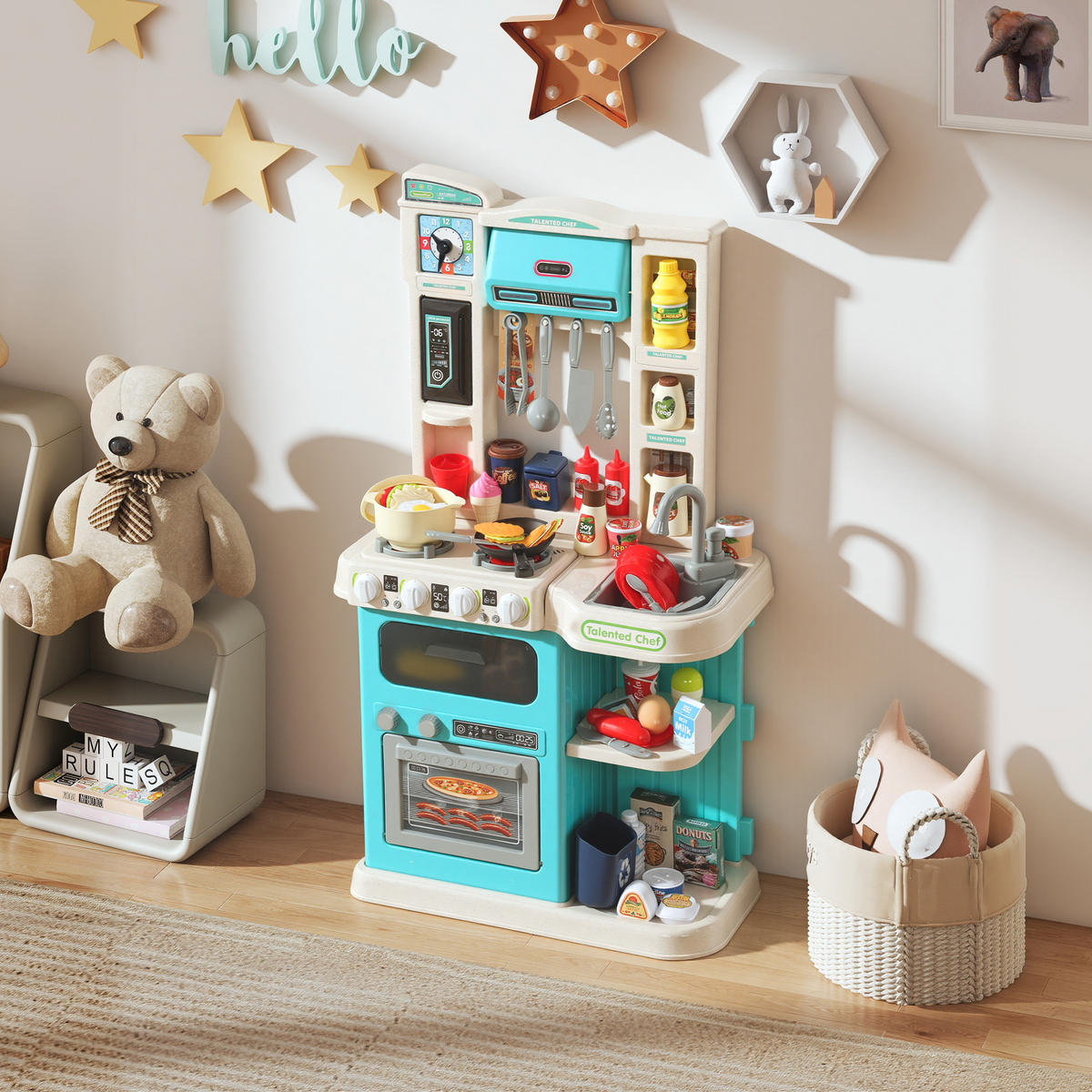 KINDERKÜCHE Spielküche mit Ofen Spüle Licht-und Soundfunktion und Zubehör - Grün, Kunststoff (24/44.5cm) - AIYAPLAY