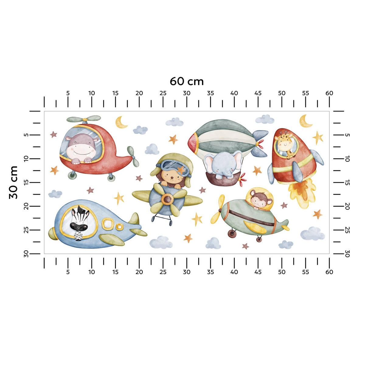 STICKER SET für Kinder Wilde Tiere Sterne Monde Wolken 60x30 - Gelb/Rot, Papier (60/30/1cm) - Muralo