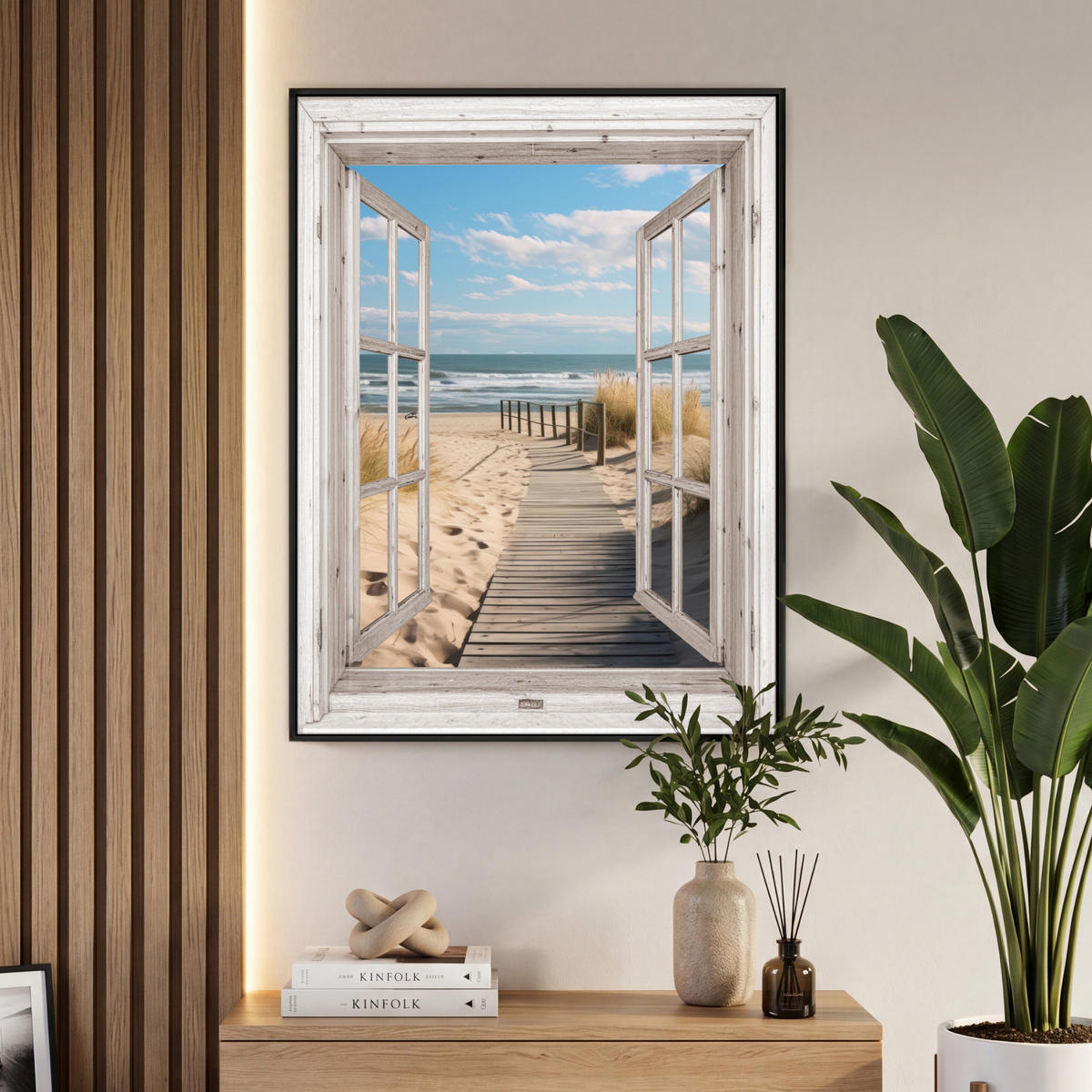 LEINWAND Bilder mit Rahmen - Fenster - Meer - Küste - Natur - Ausblick - Strand - Wattenmeer - 70x100 - Beige, Textil (70/100cm) - MuchoWow