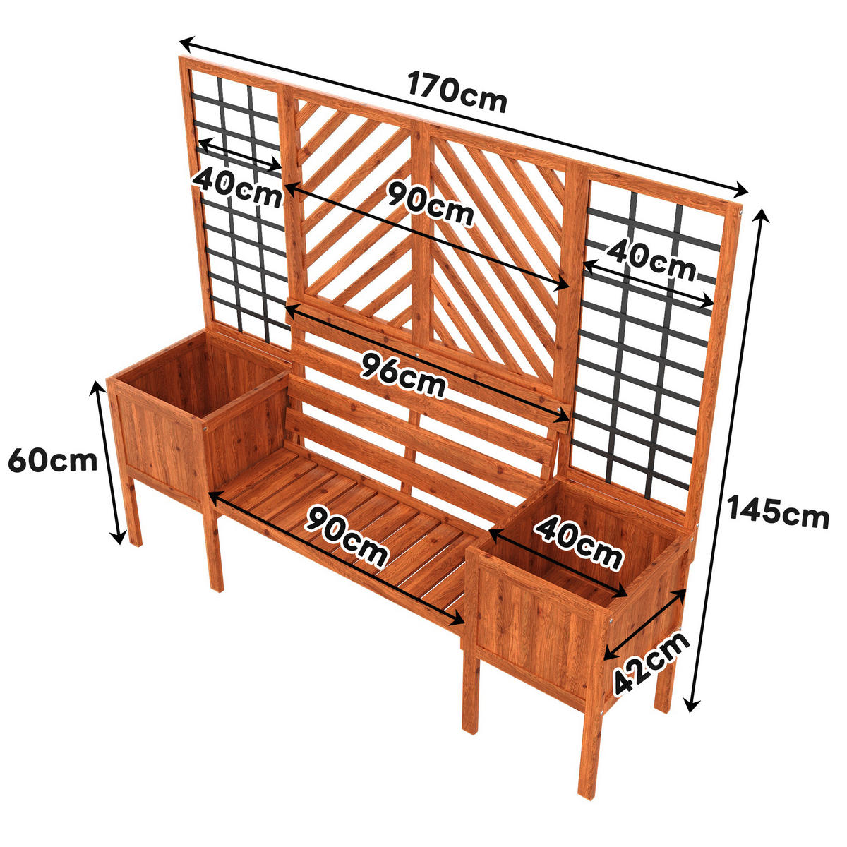 BLUMENTOPF 170/42/145 cm Braun mit Spalier als Rankhilfe - Braun, Holz (145/42/170cm) - Oxeza