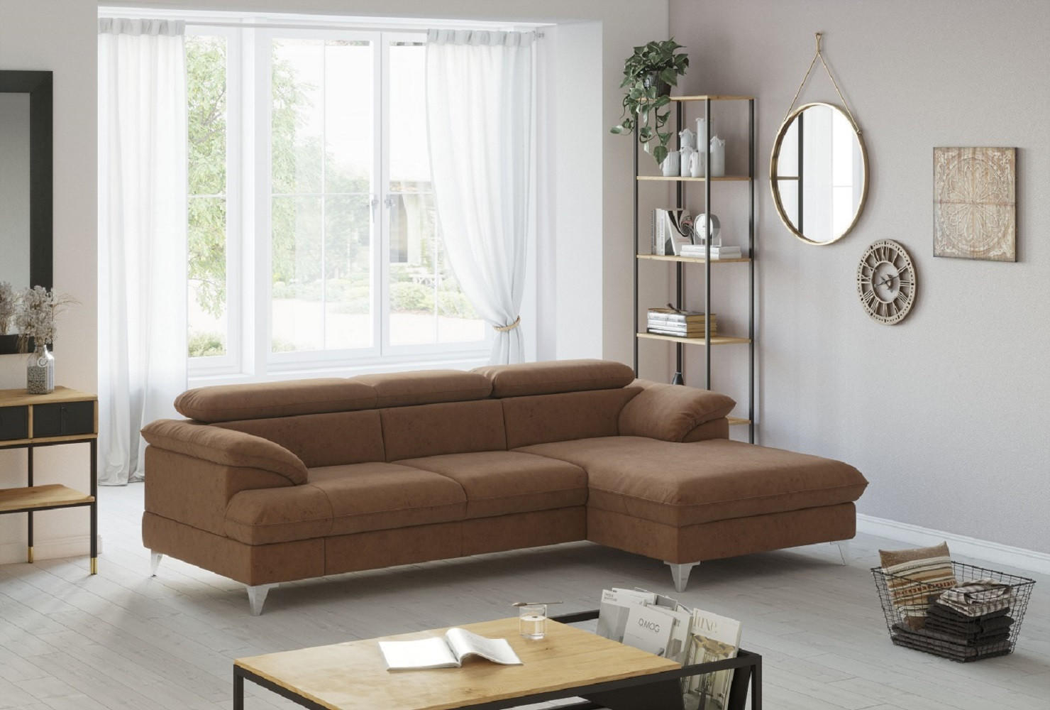 ECKSOFA mit Schlaffunktion und Bettkasten, verstellbare Kopfstützen - Chromfarben/Braun, Textil/Metall (167/254cm) - Cotta