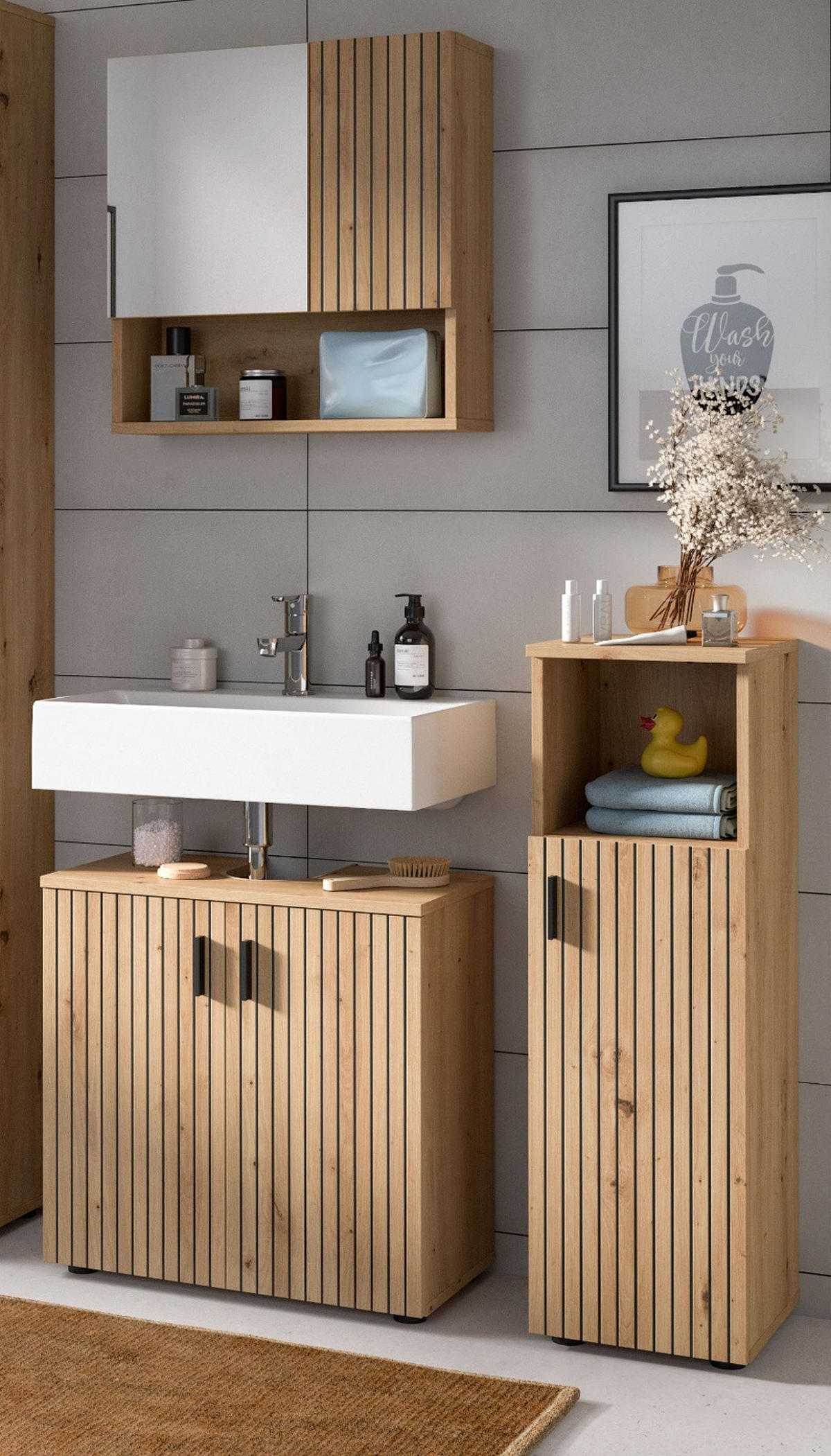 BADMÖBEL-SET Eiche Artisan 3-teilig 105 cm, Badkombination mit Rillen - Schwarz/Eiche Artisan, Glas/Holzwerkstoff (105/180/30cm) - Inn.Furn