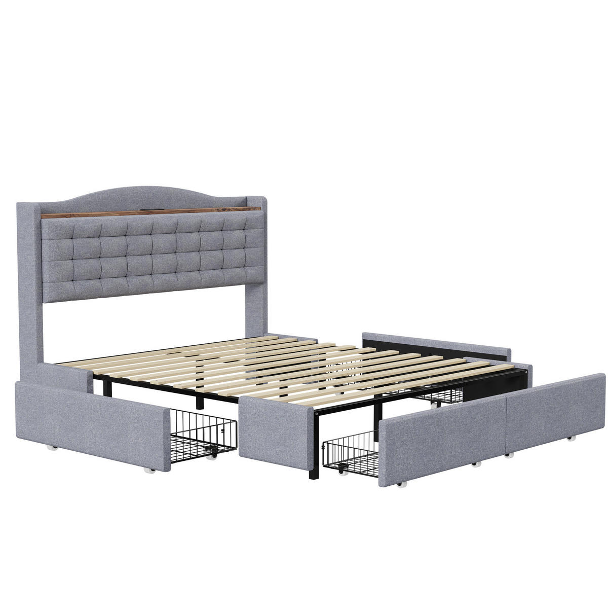 POLSTERBETT 140/200 cm mit 4 Schubladen und USB-Anschluss, grau - Grau, Textil (140/200cm) - BEAOK