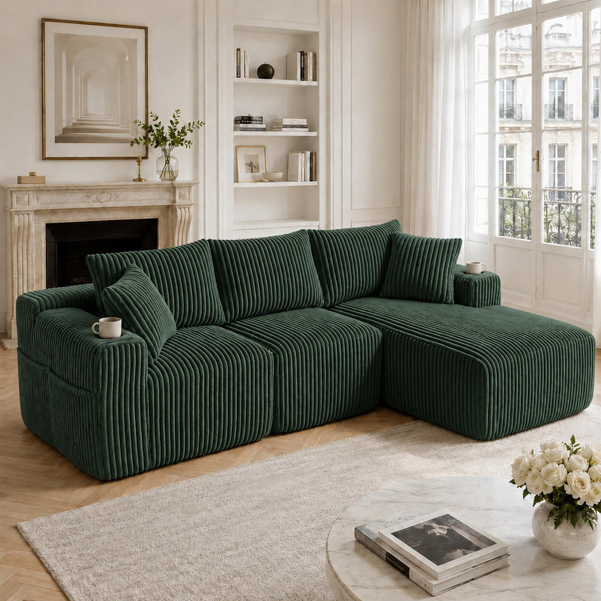ECKSOFA Cordstoff 257 x 160 cm mit Getränkehalter - Smaragdgrün, Textil (160/257cm) - Raelunyi