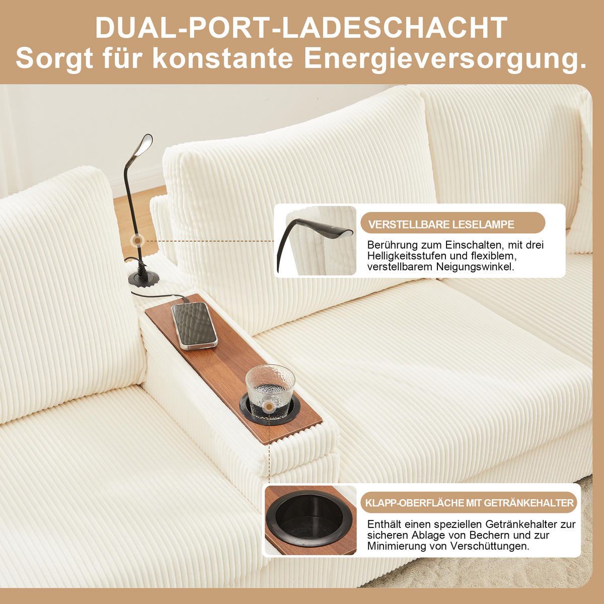 SOFA, U-Form, 2 Hocker, LED-Beleuchtung, Beige, 334x128.5x81cm - Beige, Textil (128.5/81/334cm) - FLIEKS