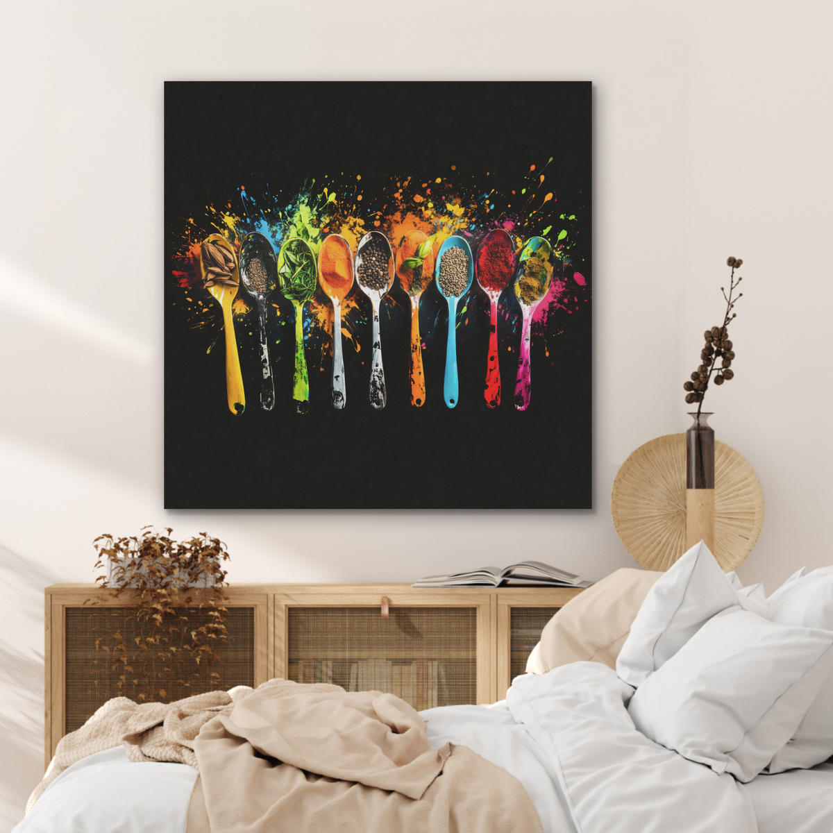 AKUSTIKBILD Löffel - Gewürze - Modern - Graffiti - Farbe - Farbenfroh Akustikpaneele 90x90 cm - Multicolor, Textil (90/90/0.9cm) - MuchoWow