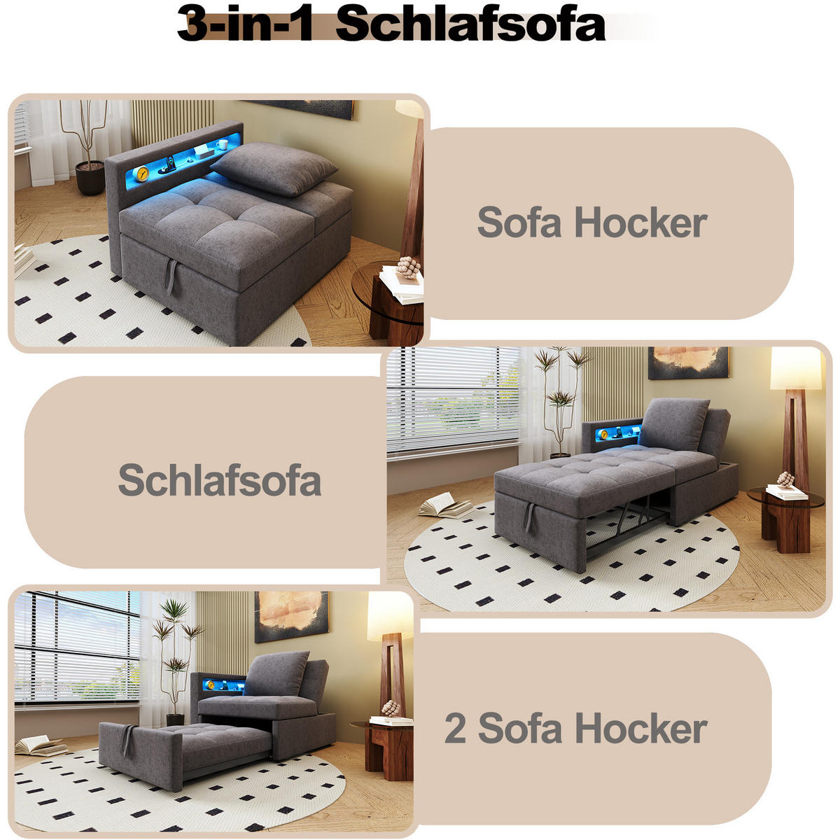 SCHLAFSOFA 3-in-1 Leinenstoff mit 5-fach verstellbarer Rückenlehne und USB-Anschluss Dunkelgrau 177/68/65 cm - Dunkelgrau, Textil (68/65/177cm) - Redom