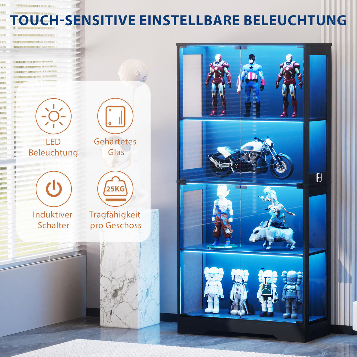 VITRINE 4-stöckig mit LED-Beleuchtung - Staubdicht - Schwarz - Schwarz, Glas/Holzwerkstoff (35/165/80cm) - KOMHTOM