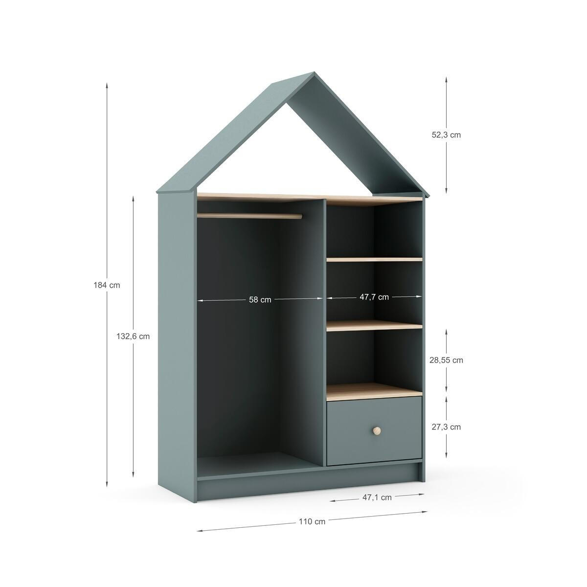 KLEIDERSCHRANK mit 3 Nischen, 1 Schublade und 1 Kleiderstange H180 cm 45/110/180 cm - Grün, Holzwerkstoff (45/180/110cm) - Calicosy