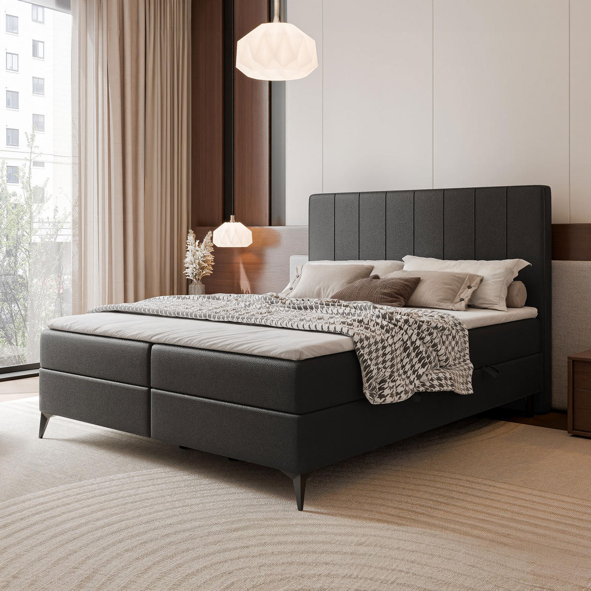BOXBETT VERA 120x200 cm mit Matratze und Topper, Strapazierfähiges Kunstleder Schwarz - Schwarz, Kunststoff/Textil (120/200cm) - Idohome