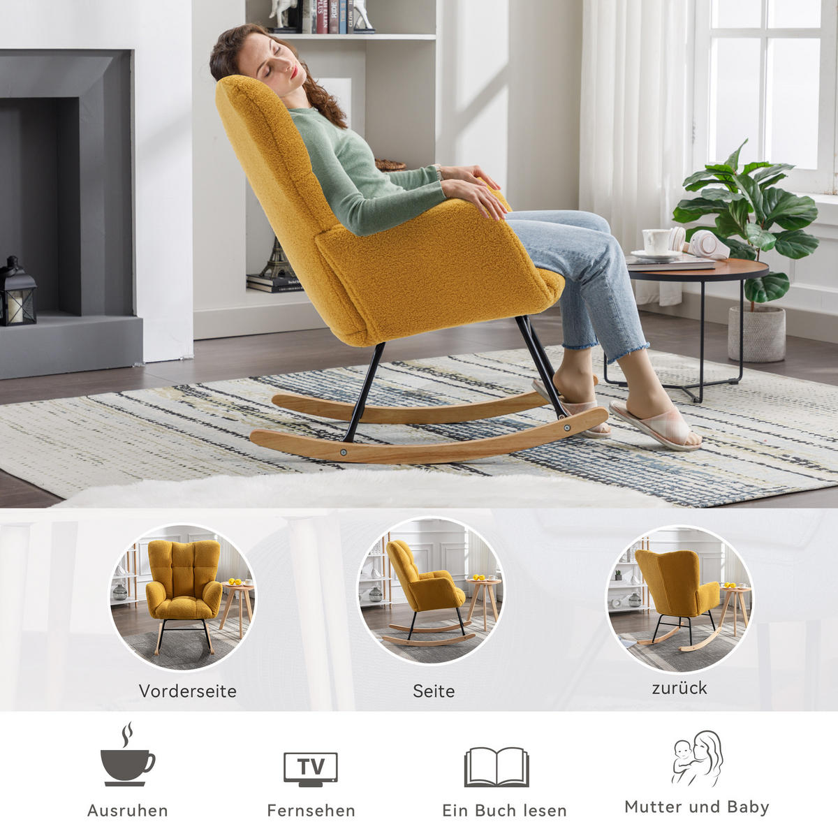 SCHAUKELSTUHL Teddy-Stoff mit hohem Rücken und Filzschutz 80/70/95 cm Gelb - Gelb, Textil (70/95/80cm) - Redom