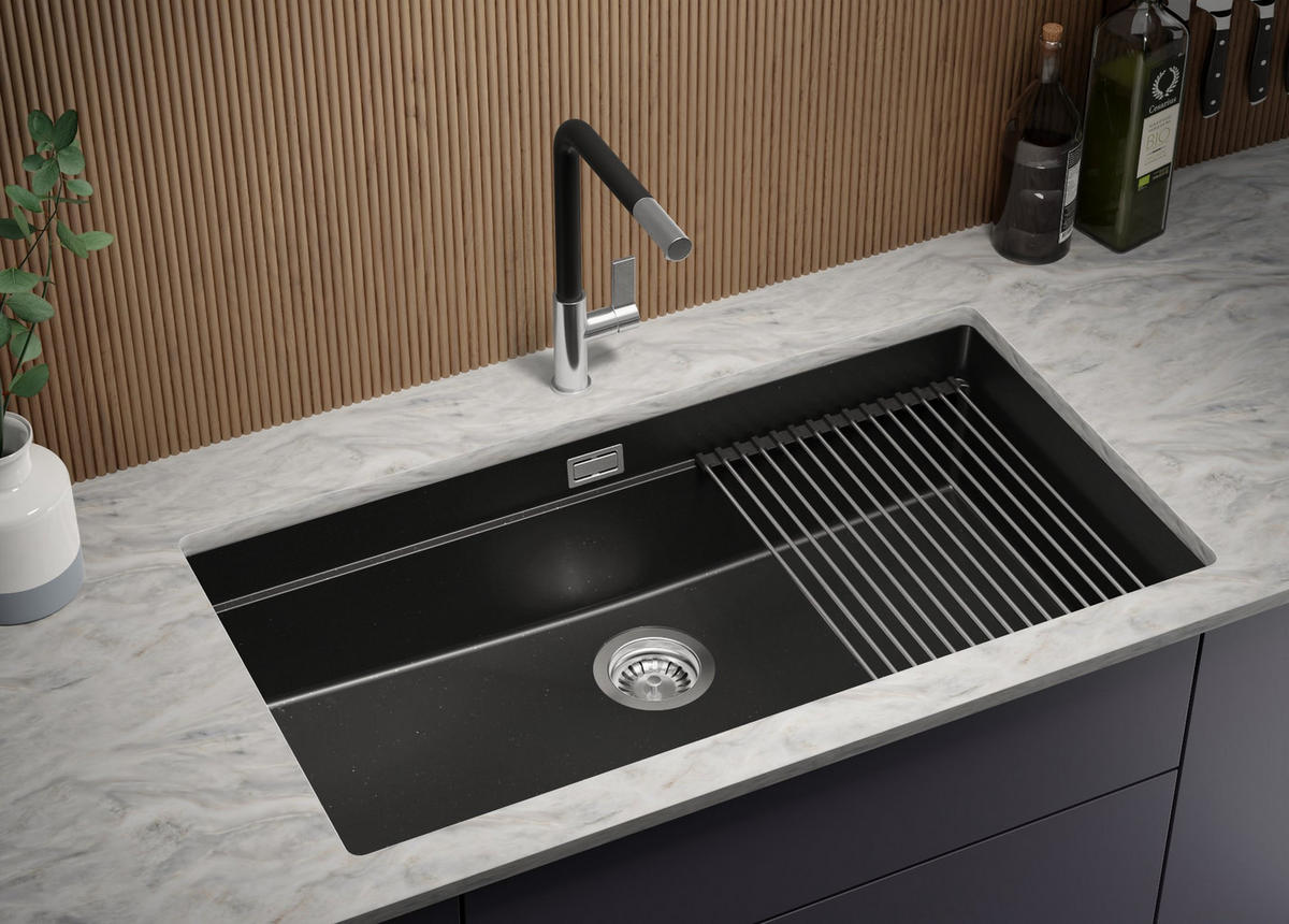UNTERBAUSPÜLE GRANIT Prag, 3-er set Schwarz Metallic 86/47 cm, 1 Becken + Ablauf-Set + Aufrollbare Abtropffläche ab 90er Unterschrank - Chromfarben/Schwarz Hochglanz, Kunststoff (86/20/47cm) - Primagran