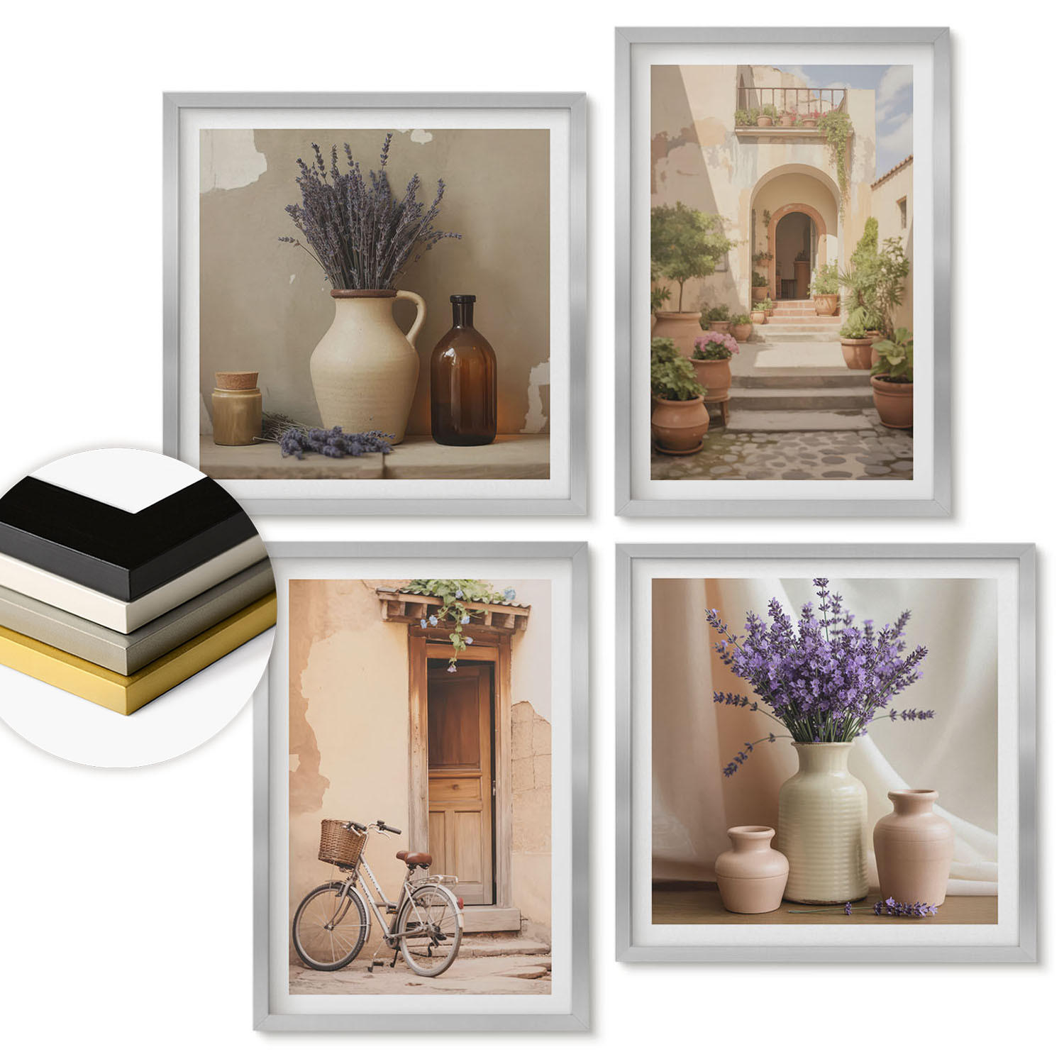 WANDBILDER 4er Set - 50x50 cm & 40x60 cm Silberner Rahmen - Lavendelblüten und Architektur - Silberfarben, Kunststoff (50/50cm) - ArtPrintCave