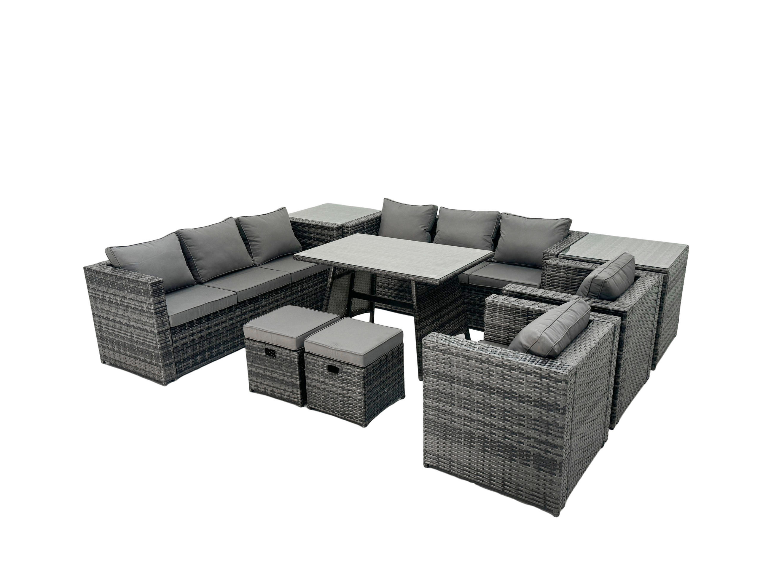 GARTENMÖBELSET mit 2 Hockern,Beistelltisch 10-Sitzer Grau - Dunkelgrau/Grau, Glas/Kunststoff - Fimous