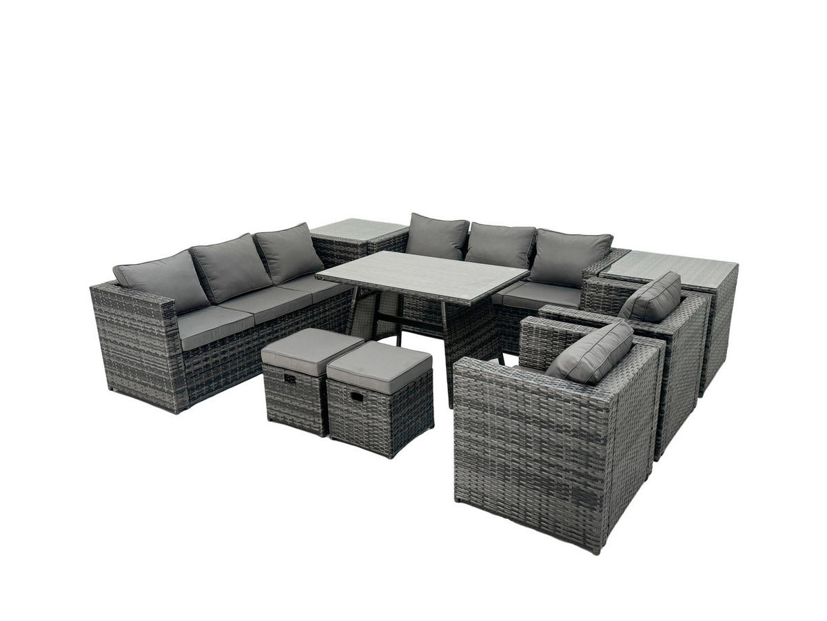 GARTENMÖBELSET mit 2 Hockern,Beistelltisch 10-Sitzer Grau - Dunkelgrau/Grau, Glas/Kunststoff - Fimous