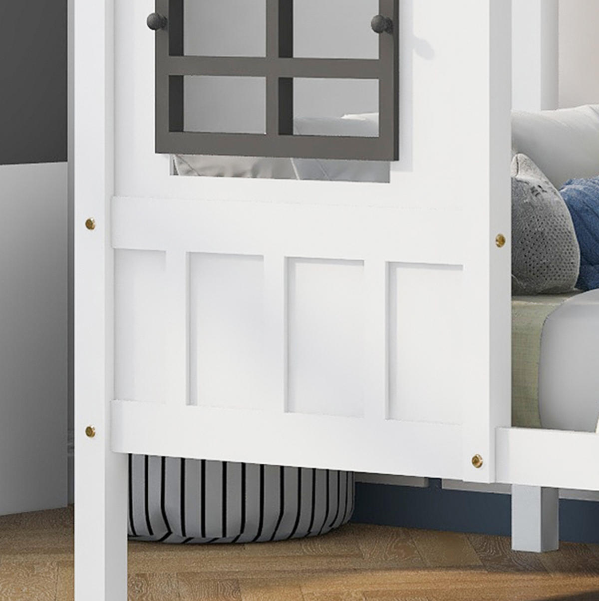 HAUSBETT aus Kiefer und MDF 200x90 cm Weiß mit 2 Schubladen, Fenstern und Hausdach - Weiß, Holzwerkstoff (90/200cm) - Modfu
