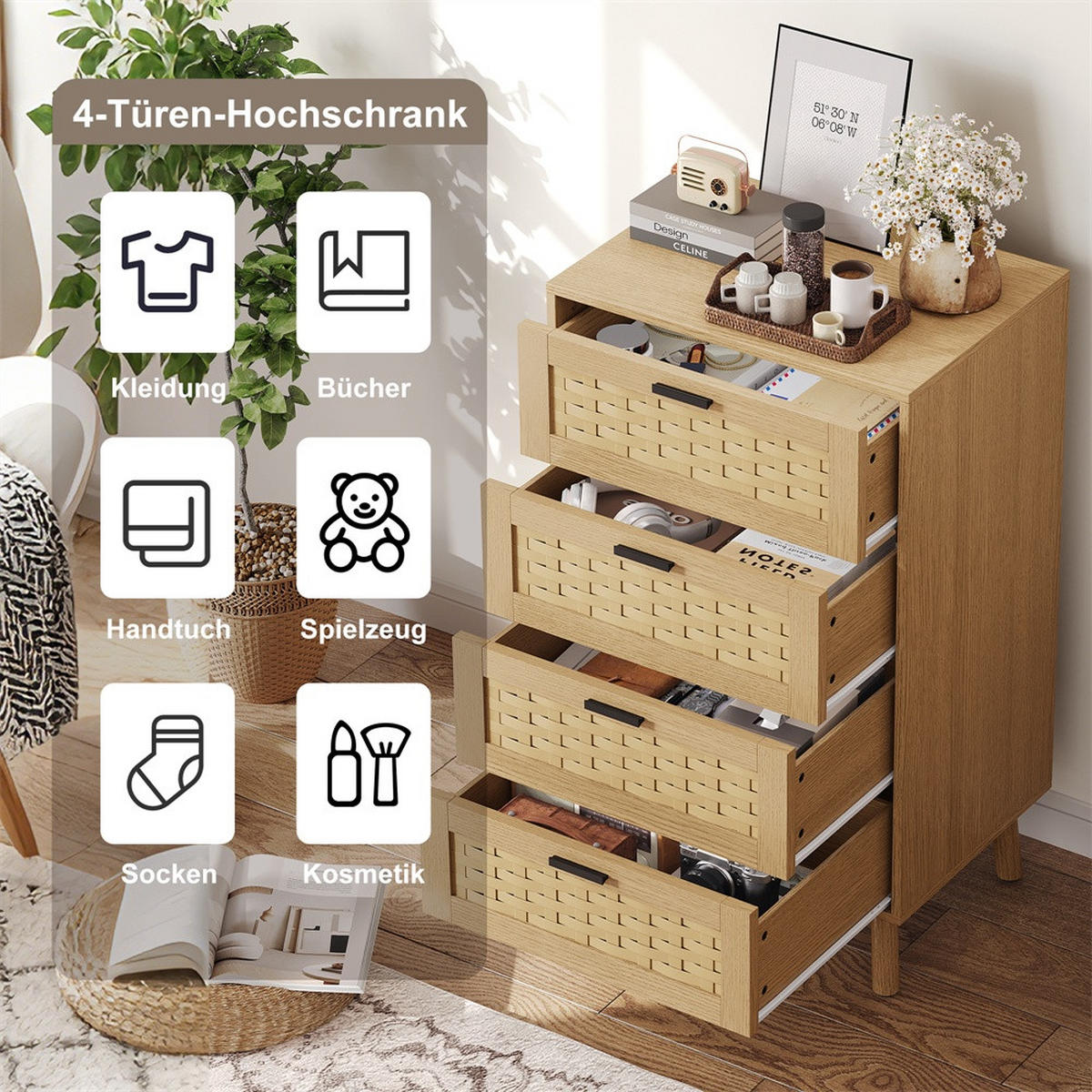 KOMMODE mit 4 Schubladen - pflegeleichtes PVC-Geflecht und Holzbeine - für Wohnzimmer&Schlafzimmer - Eiche-Optik - Eichefarben, Holzwerkstoff (39.8/95/55cm) - DELFA