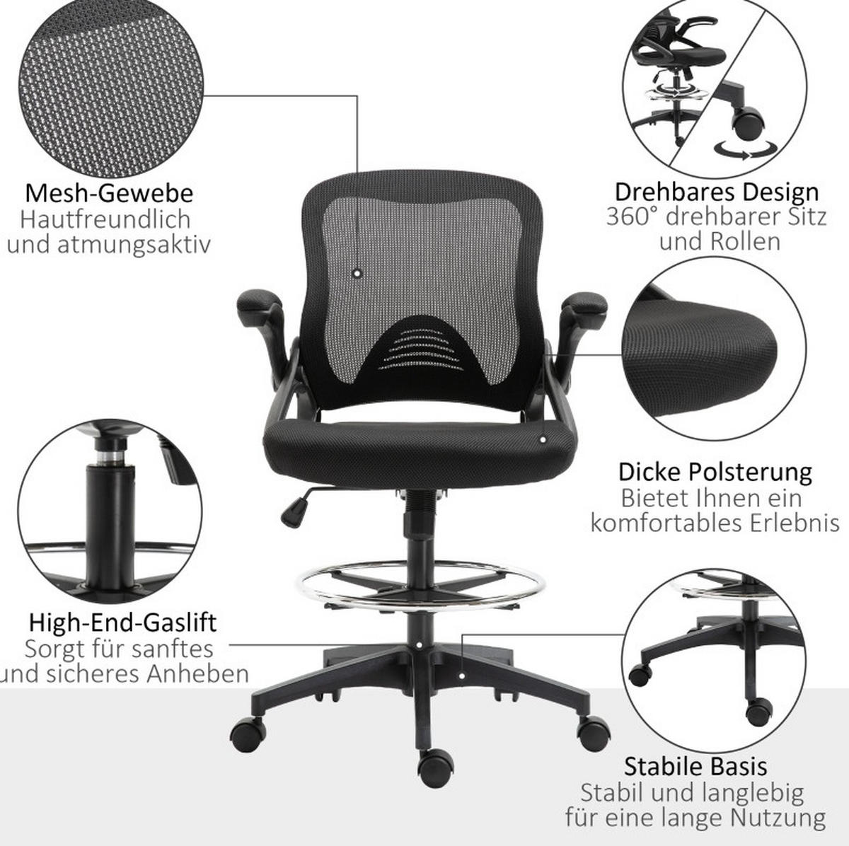 DREHSTUHL 64/60/106-126 cm schwarz aus Kunststoff mit Stehfunktion - Schwarz, Kunststoff (60/126/64cm) - OKWISH