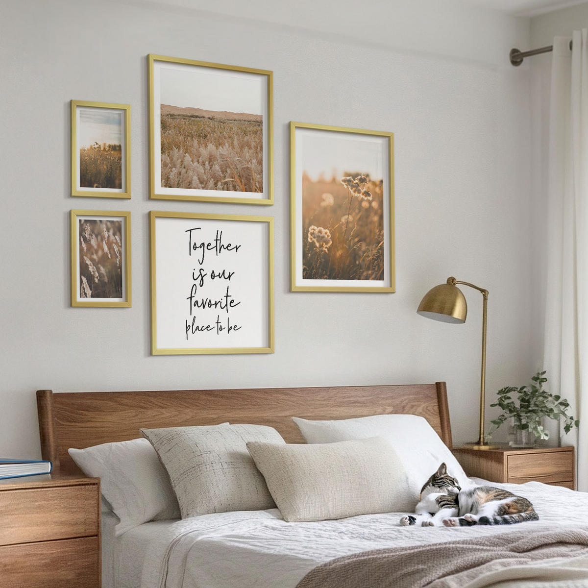 BILDER SET 5er Set - 50x50 cm & 20x30 cm & 40x60 cm Goldrahmen - Landschaftsgrasblumen Wärme - Goldfarben, Kunststoff (40/60cm) - TULUP