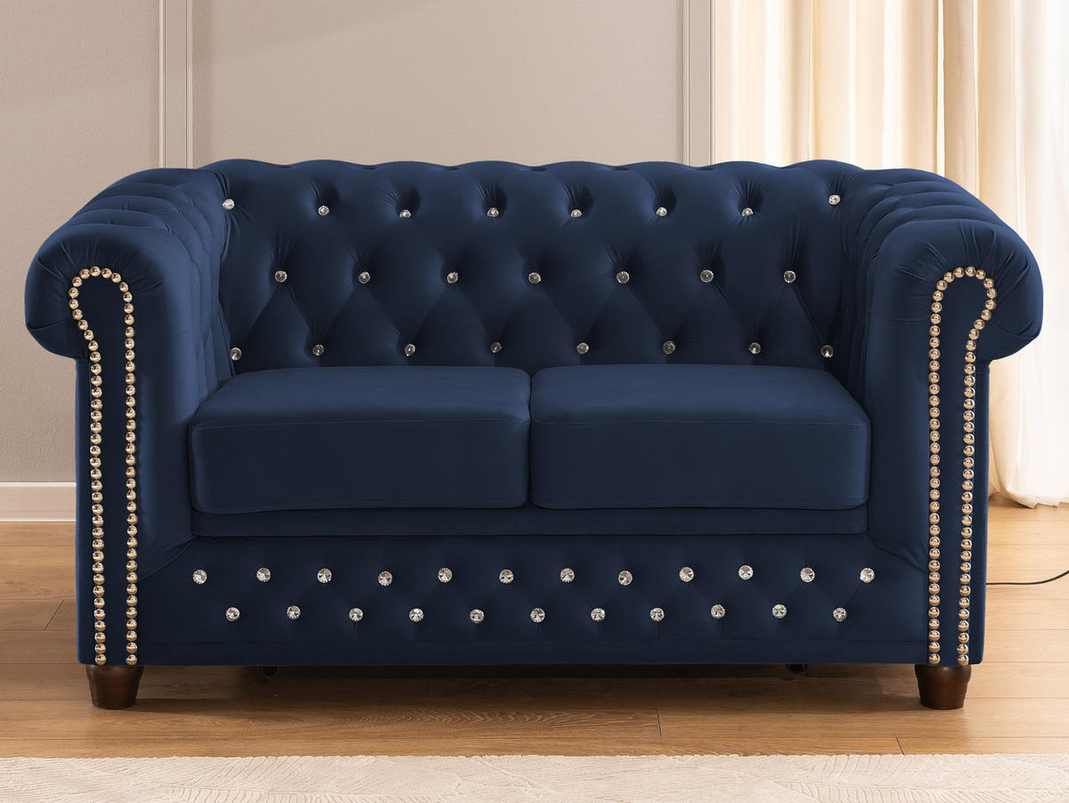 CHESTERFIELD-SOFA 2-Sitzer mit Schlaffunktion Cleo Blink Marineblau Samt mit Kristallsteppung und braunen Massivholzfüßen - Blau/Braun, Holz/Textil (148/72/86cm) - S-Style Möbel