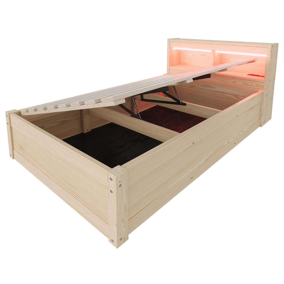 SCHLAFSOFA 90x200cm LED Stauraum Steckdose Massivholz - Naturfarben, Holzwerkstoff (90/200cm) - FLIEKS