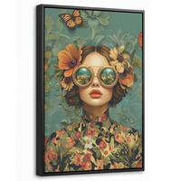 LEINWAND Bilder mit Rahmen - Frau - Blumen - Schmetterlinge - Natur - Vintage - 20x30 - Salbeigrün, Textil (20/30cm) - MuchoWow