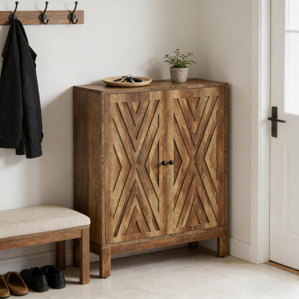 RUSTIKALES, 5-Stöckiges Schuhregal mit Schnitzereien,Braun - Walnussfarben, Textil (90/110/35cm) - Urban Meuble