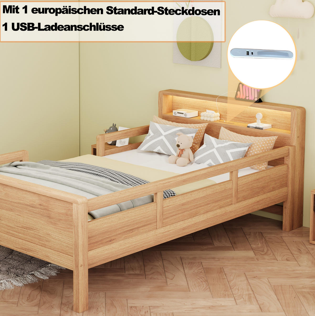 BETT 90/200 cm aus Kiefernholz mit LED, Naturholz - Naturfarben, Holz (90/200cm) - OKMYHOME