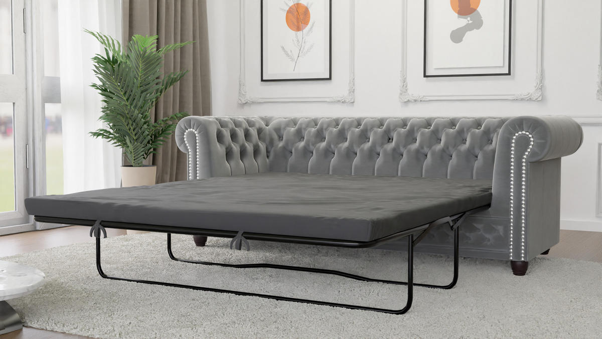 CHESTERFIELD-SOFA 3-Sitzer mit Schlaffunktion Nyx Grau Samt - Braun/Grau, Holz/Textil (203/28/86cm) - S-Style Möbel