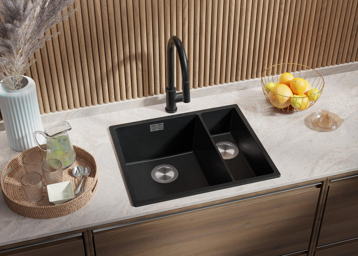 SPÜLBECKEN London Slim Duo, 2-er set Anthrazit 56/47 cm 1,5 Becken + Ablauf-Set ab 60er Unterschrank - Chromfarben/Anthrazit, Kunststoff (56/20/47cm) - Primagran