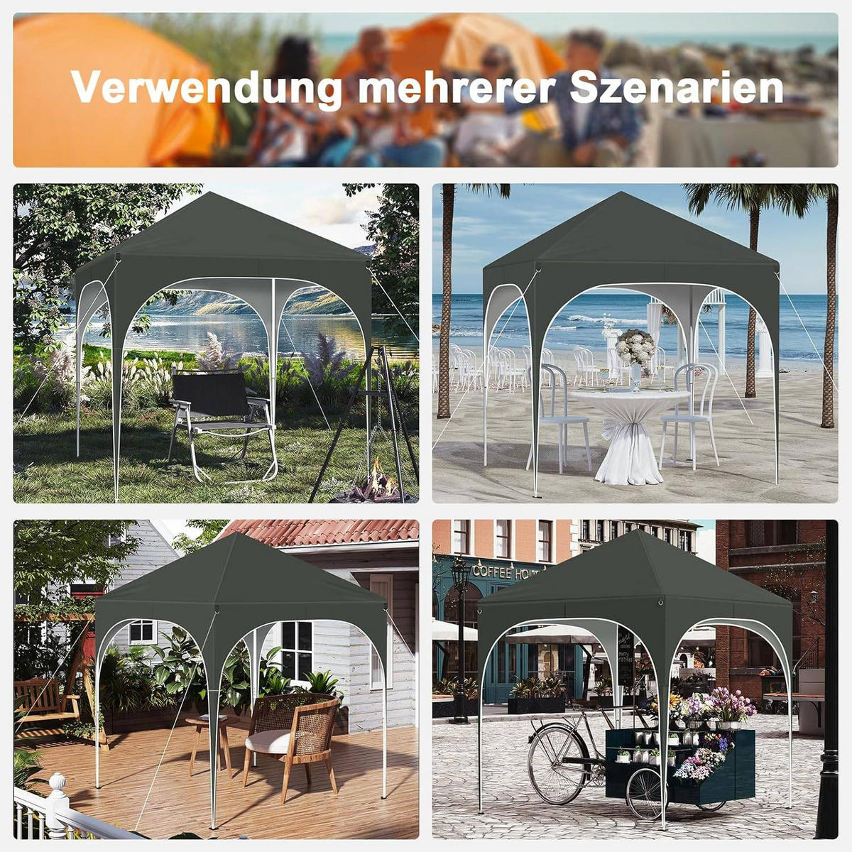 PAVILLON 2x2m mit 4 abnehmbaren Wänden, 3-stufig Höhenverstellbar - Grau, Metall (200/240/200cm) - Woltu