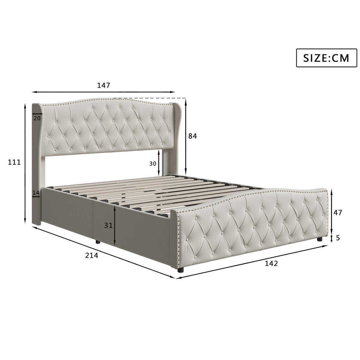 DOPPELBETT 140x200 cm Beige Samt, Polsterbett, Hydraulischer Bettkasten, Diamant-Knopfheftung, Tragfähigkeit 300 kg, Skandinavischer Stil - Beige, Metall (140/200cm) - GENKI LIVING