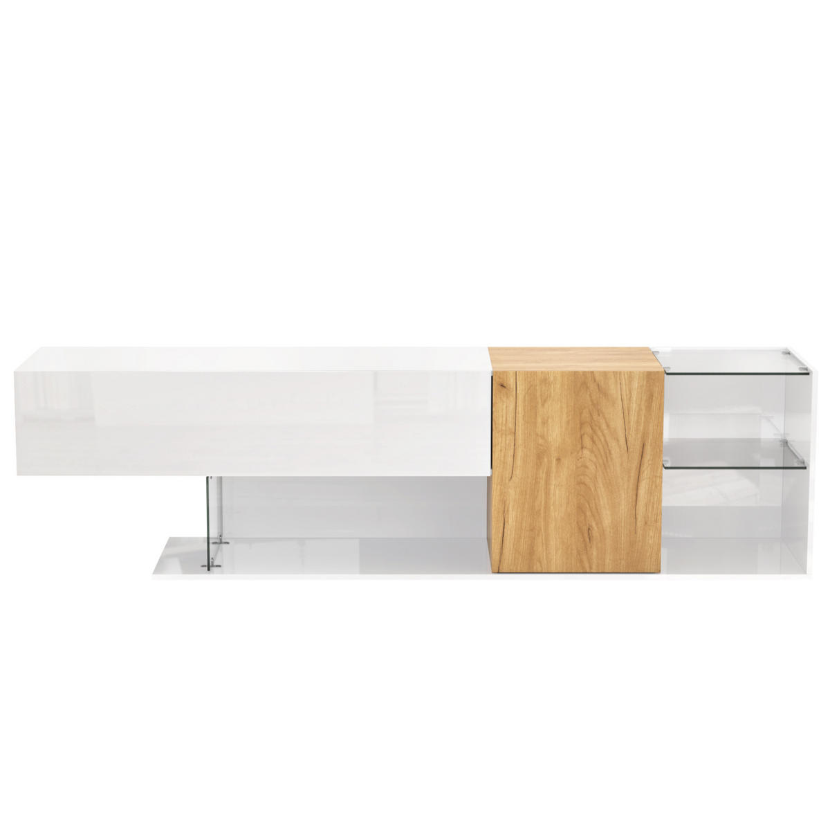 LOWBOARD 180/38/48 cm Weiß/Natur aus Spanplatte mit Glasregalen - Weiß, Holzwerkstoff (38/48/180cm) - OKMYHOME