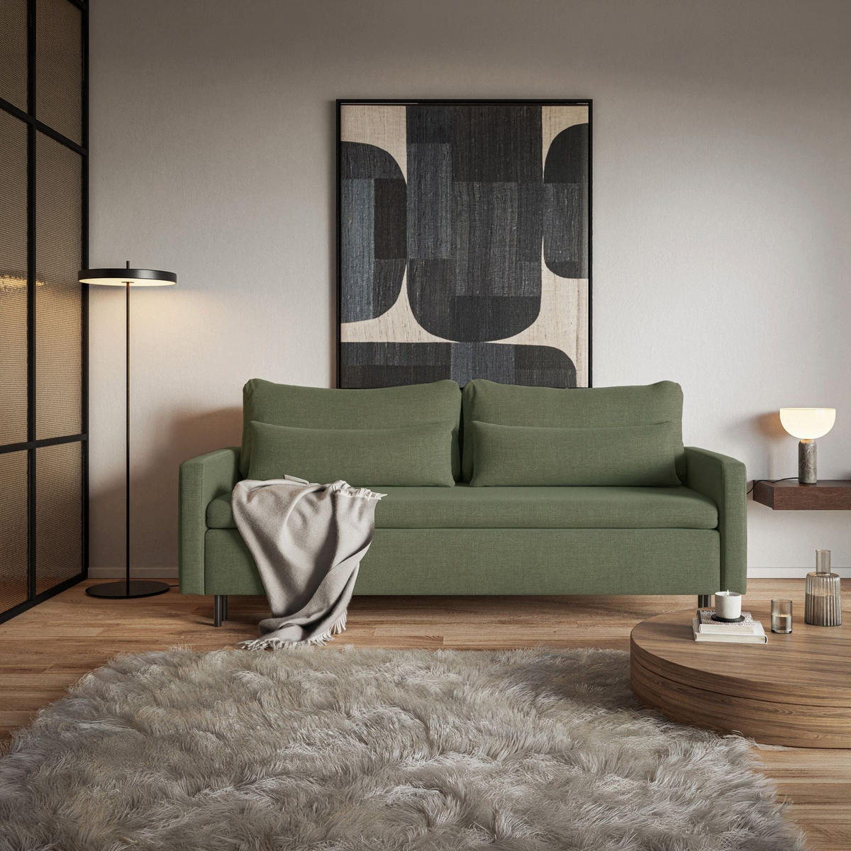 3-SITZER SOFA Umpro Chenille Dunkelgrün - Dunkelgrün/Schwarz, Textil/Metall (220/96/95cm) - Selsey