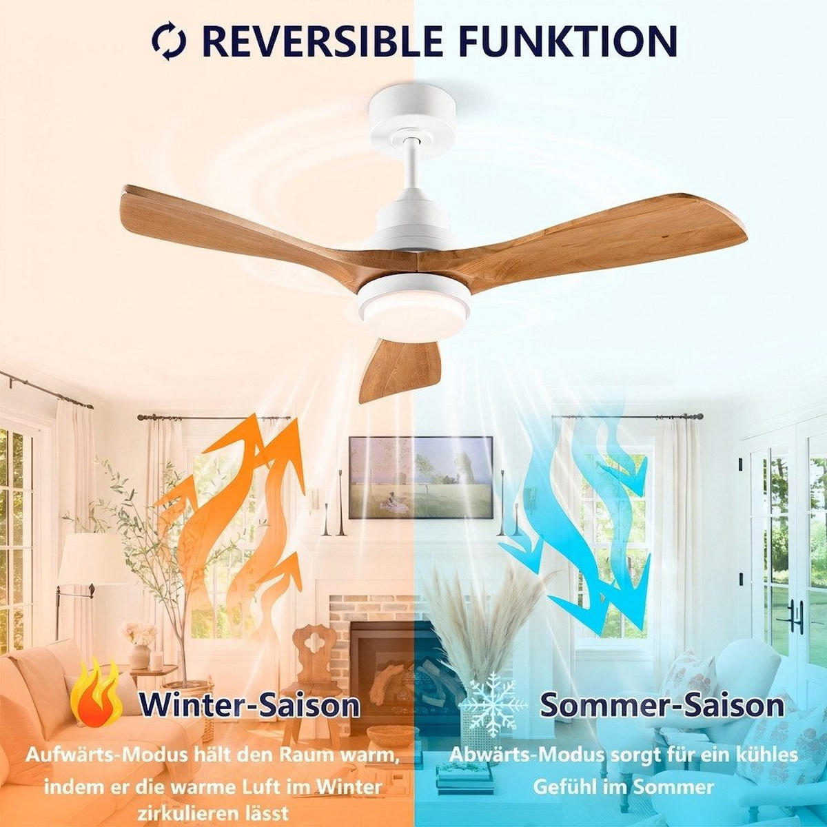 DECKENVENTILATOR & 3 Holzflügeln, 3-Stufen Dimmer, DC-Motor(35dB) - Weiß, Holzwerkstoff (114/114/45.7cm) - BEXEVUE