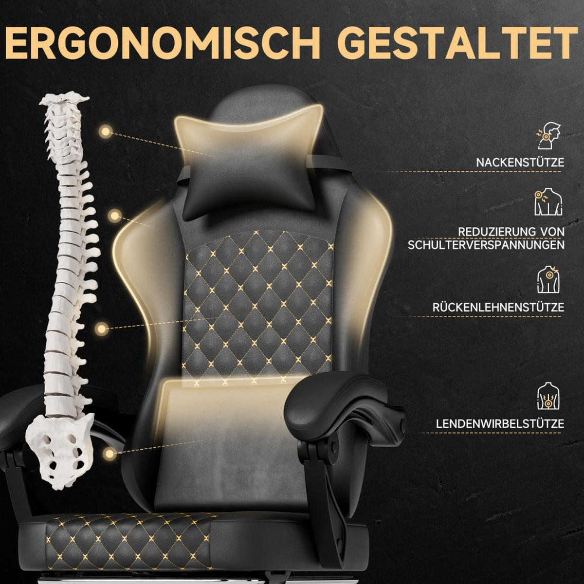 GAMINGSTUHL Bürostuhl Massage Fußstütze ergonomisch 150 kg Schwarz - Schwarz, Leder (63/120.5/58.5cm)