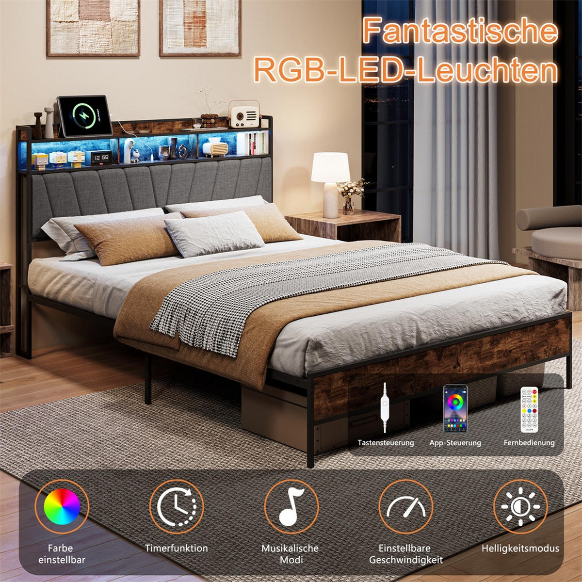 METALLBETT 140x200 cm mit LED Beleuchtung - Kopfteil-Stauraum - USB- und USB-C - Schwarz+Grau - ohne Matratze - Schwarz, Metall (140/200cm) - DELFA